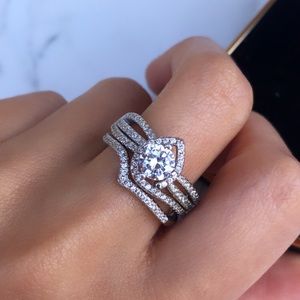 14K white gold plated ring with a wedding band